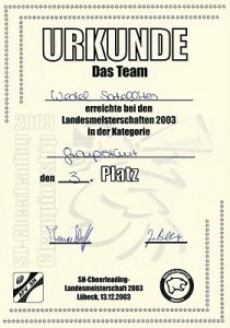 Urkunde des Wedel Satellites Groupstunts für den 3. Platz bei dem LM 2003